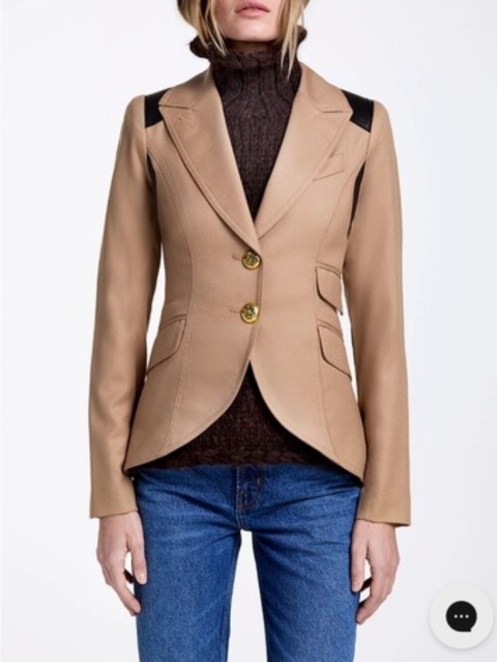 SMYTHE RIFLE PATCH EQUESTRIAN BLAZER 100% WOOL CAMEL BLACK LEATHER 2